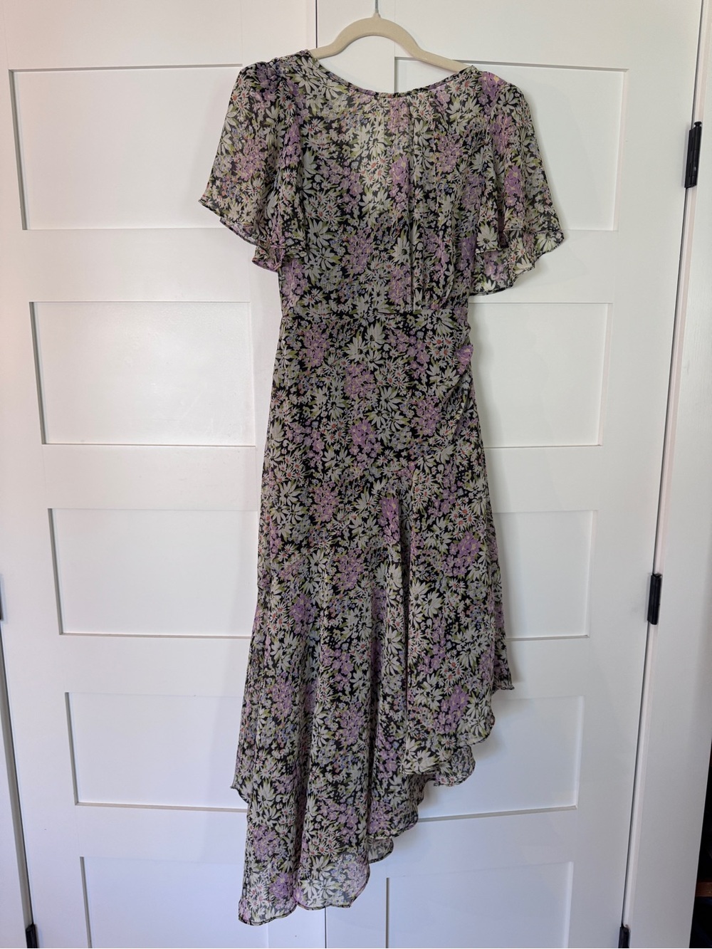 Astr Floral High-Low Midi Dress in Lavender and Black